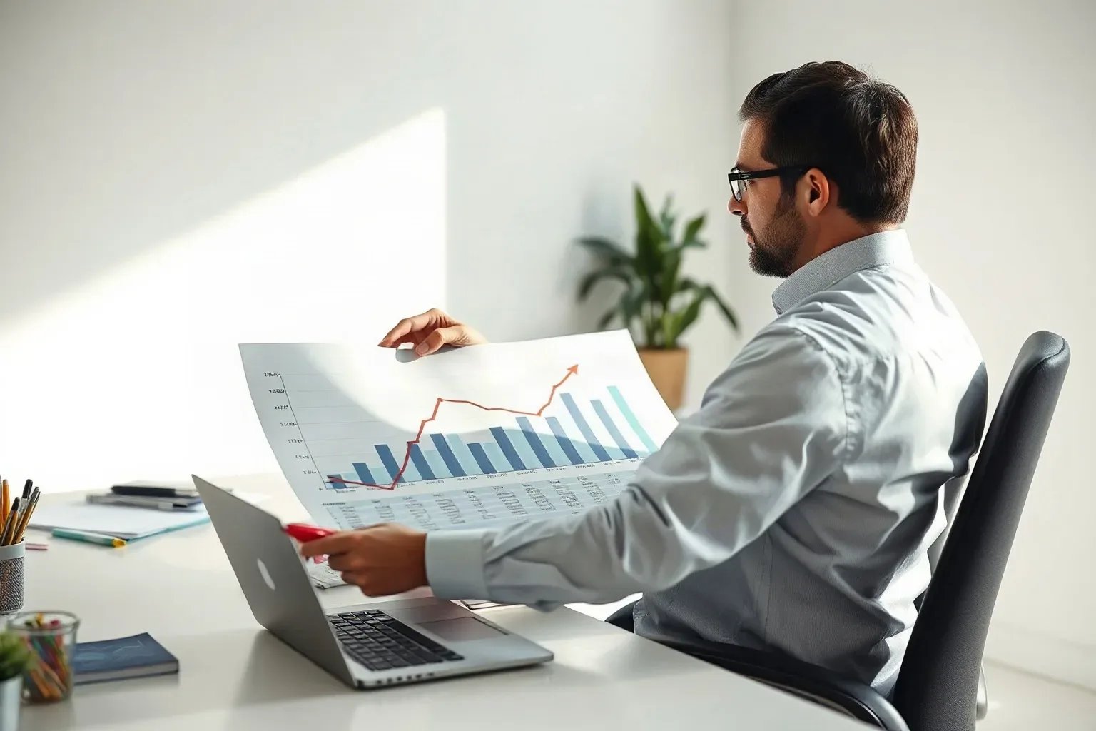 A seated marketing professional at a focused desk spreading a printed bar and line graph showing upward traffic trends across the full width of the desk and using a magnifying glass to examine a specific section of the rising trend line