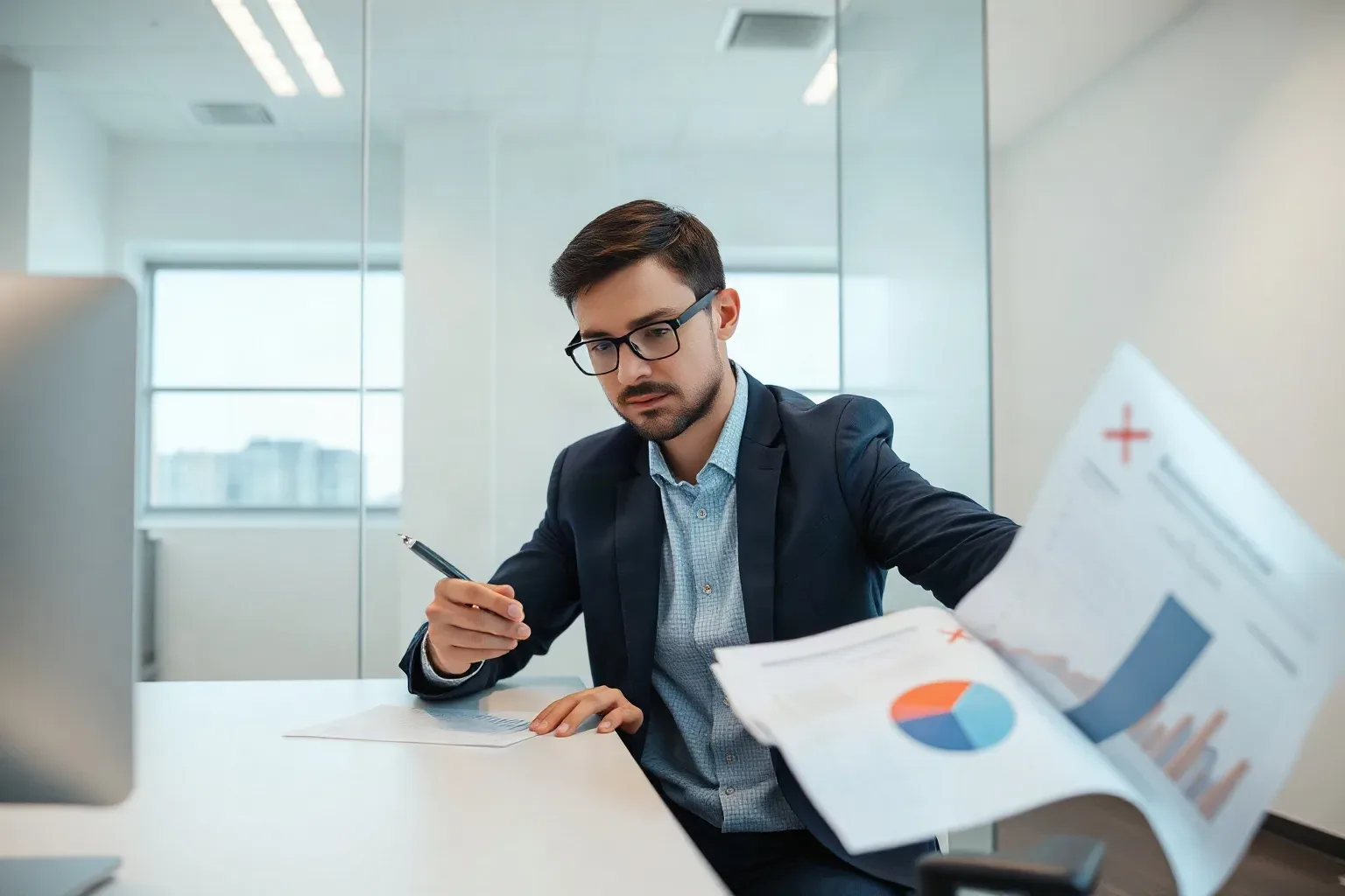A business-casual analyst at a single desk using a pen to place a large cross beside a row on a printed keyword research printout, a server rack faintly visible through the glass partition over the analyst's shoulder