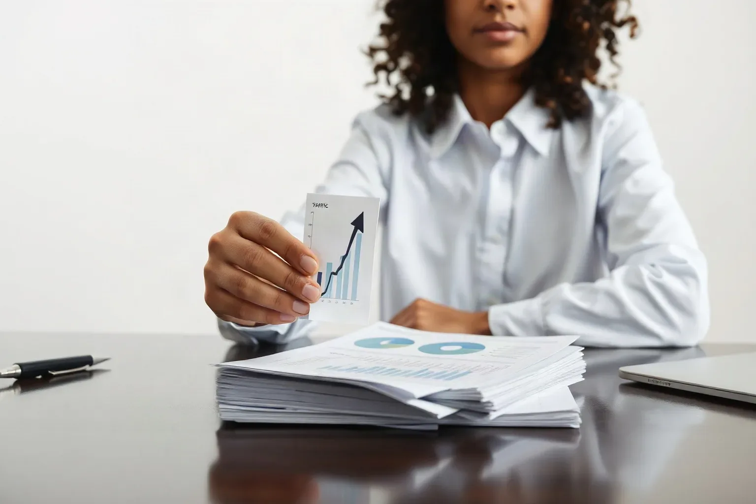 A marketing professional at a focused desk folding the top right corner of a printed bar and line graph showing upward traffic trends as a page marker, then setting the sheet on top of a stack of keyword research printouts on the desk surface