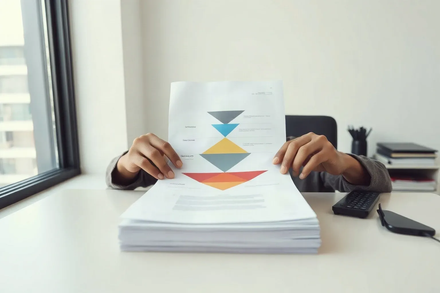 A seated analyst at a desk separating a printed tiered funnel diagram from the rest of a document stack and smoothing it flat in front with both palms, natural window light falling evenly across the entire page