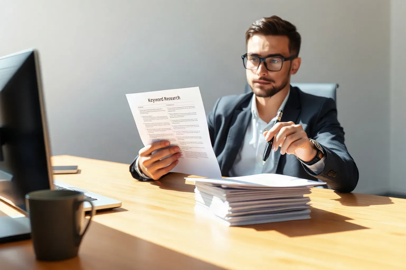 A person in a dark blazer and glasses sits at a wooden desk, holding and reviewing a document labelled 'Keyword Research', with a pen in hand and a stack of papers nearby
