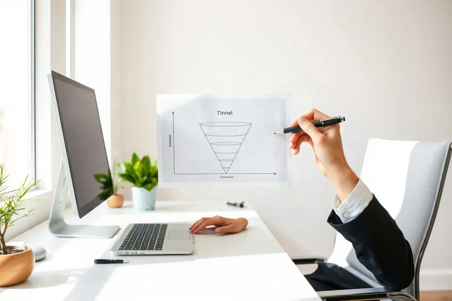 A marketing professional at a single desk pressing a printed tiered funnel diagram against the desk with one forearm and using the other hand to draw a bracket spanning two adjacent stages of the diagram with a pen