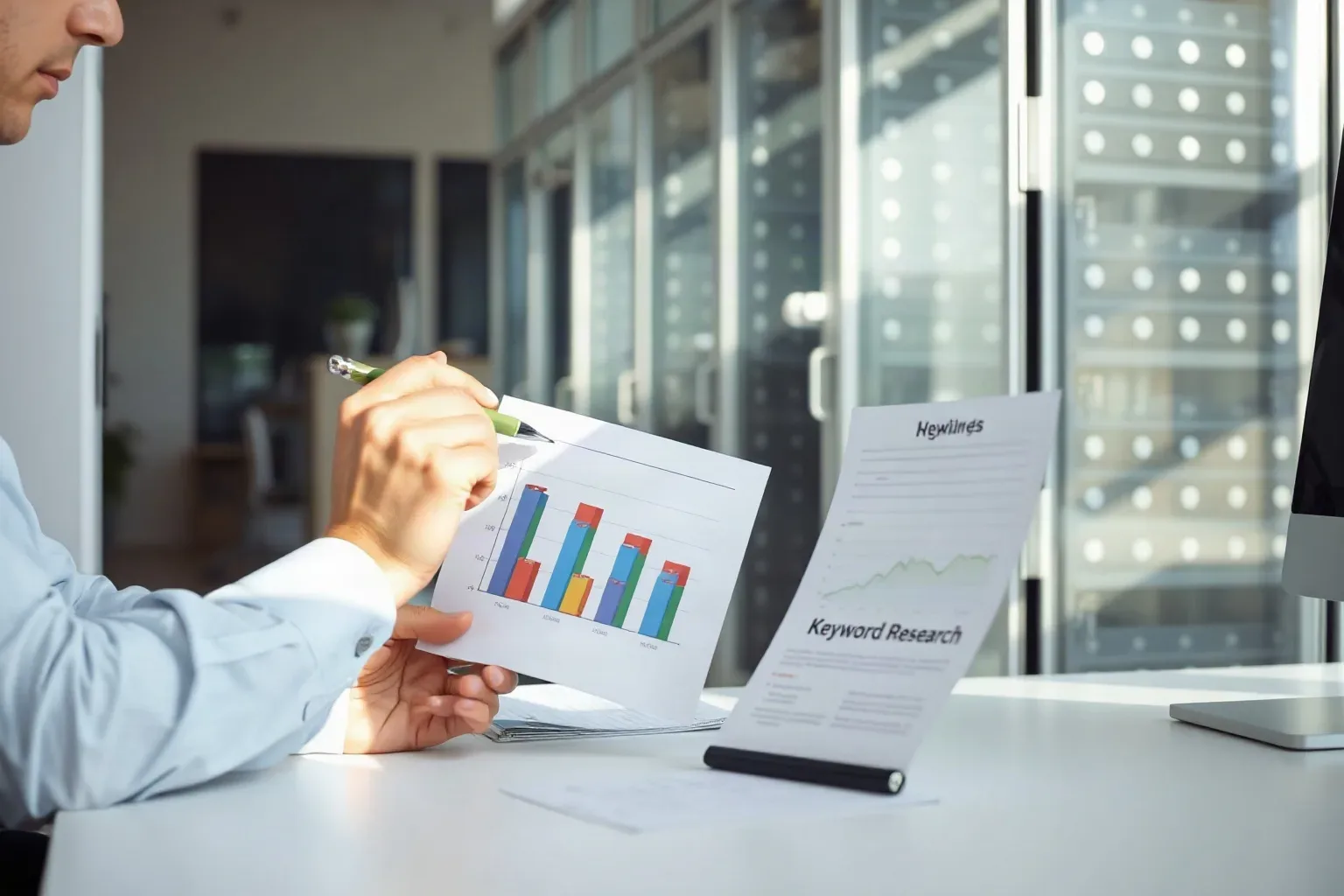 A business-casual professional at a focused desk holding a printed bar and line graph showing upward traffic trends beside a printed keyword research sheet simultaneously and comparing a figure on each with a pen pointed between them, the server rack through the glass partition softly framed in the background
