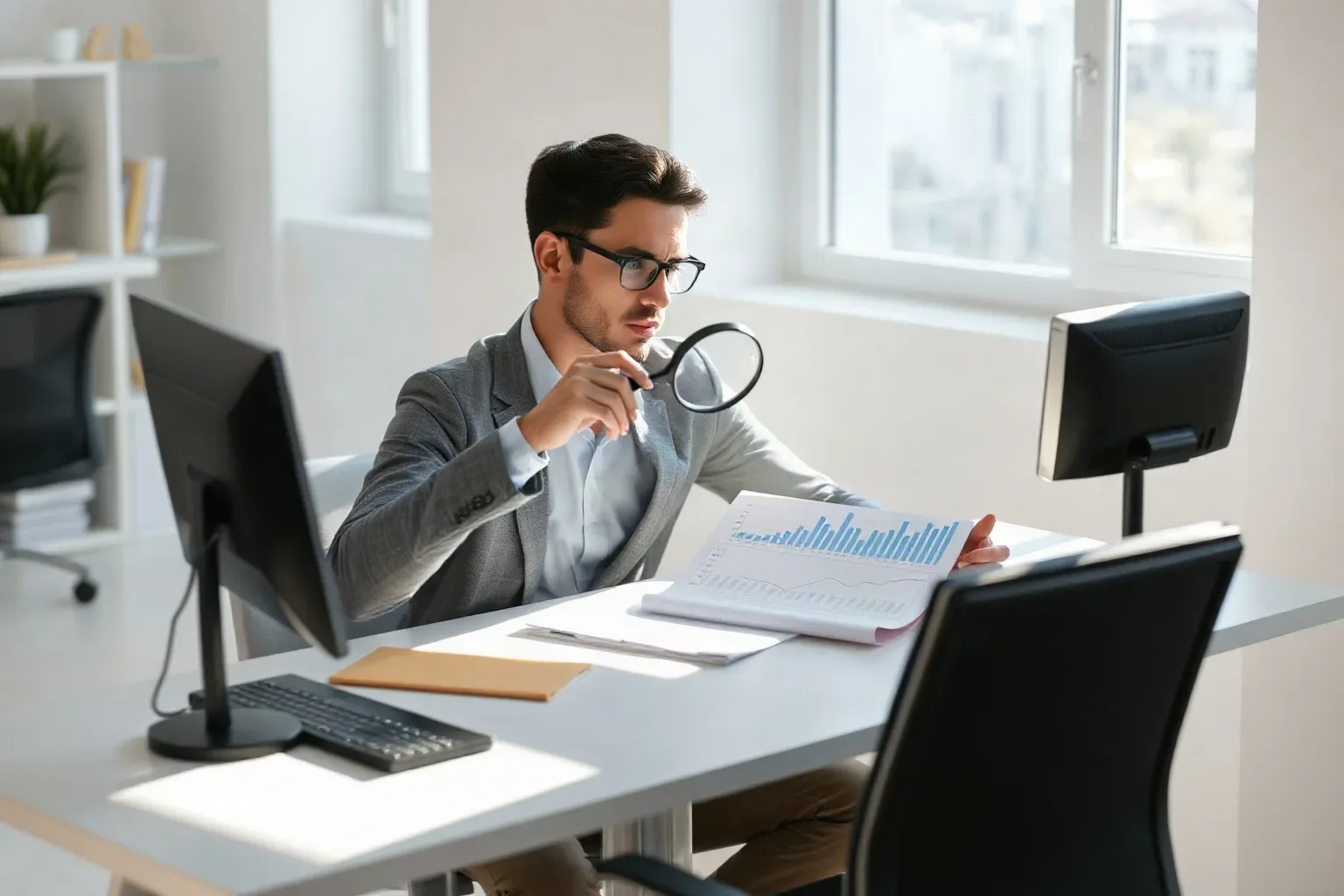 A seated analyst at a single desk using a magnifying glass to read the smallest tick-mark labels on a printed bar and line graph showing upward traffic trends, natural window light brightening the lower section of the chart