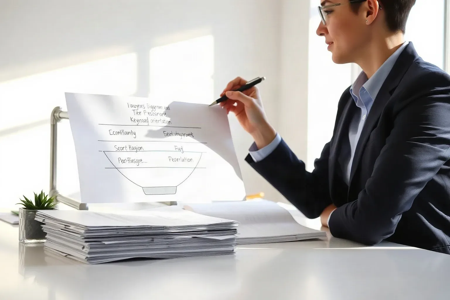 A business-casual professional at a focused desk turning a printed tiered funnel diagram to landscape orientation and annotating the top stage with a pen, a stack of keyword research printouts nearby