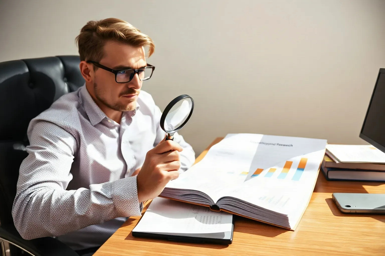 A seated analyst at a desk holding a magnifying glass over a dense paragraph on a printed keyword research sheet, cross-referencing it against a printed bar and line graph showing upward traffic trends open beside the document