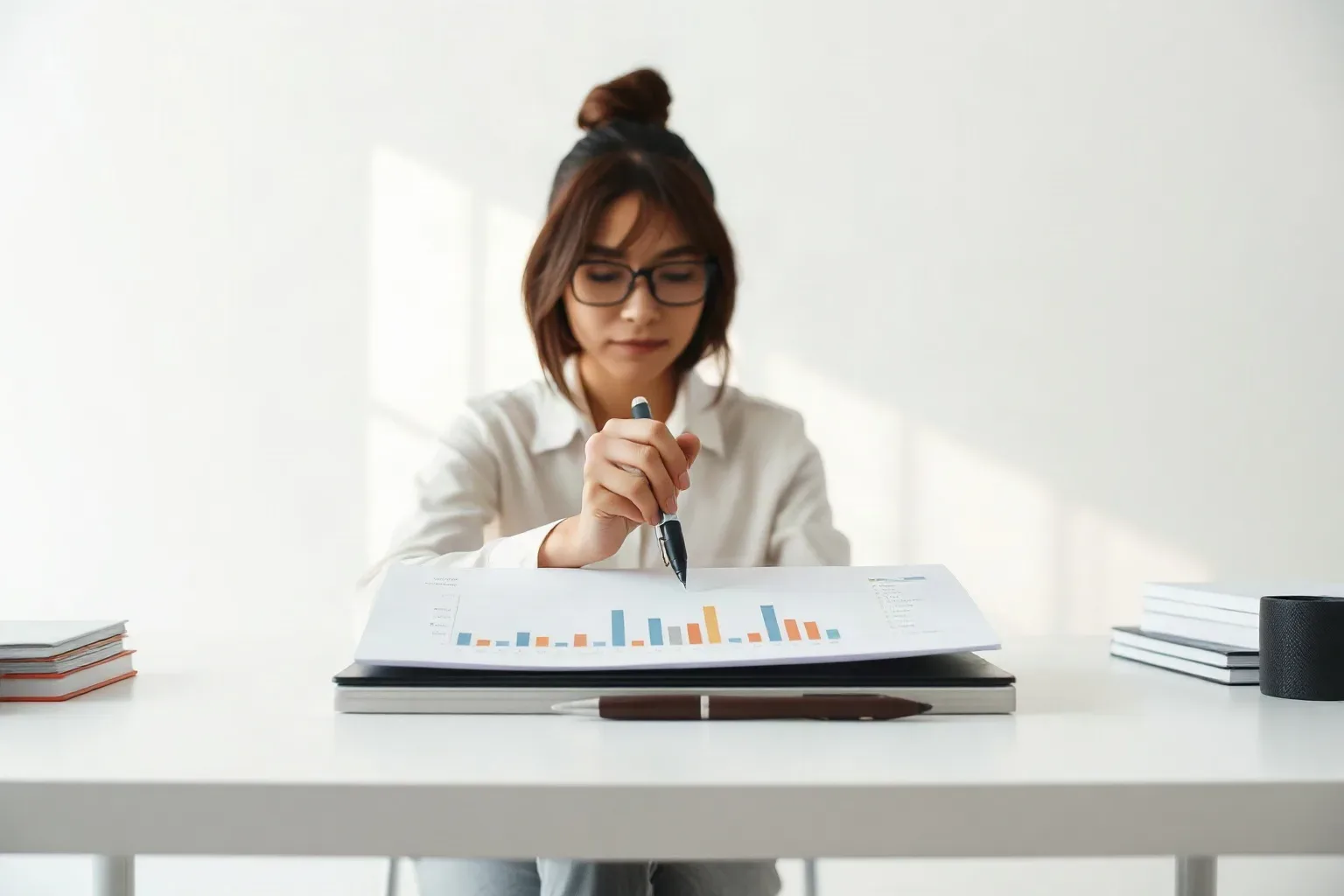 A person wearing glasses sits at a white desk, pointing a pen at a printed bar chart among papers and notebooks