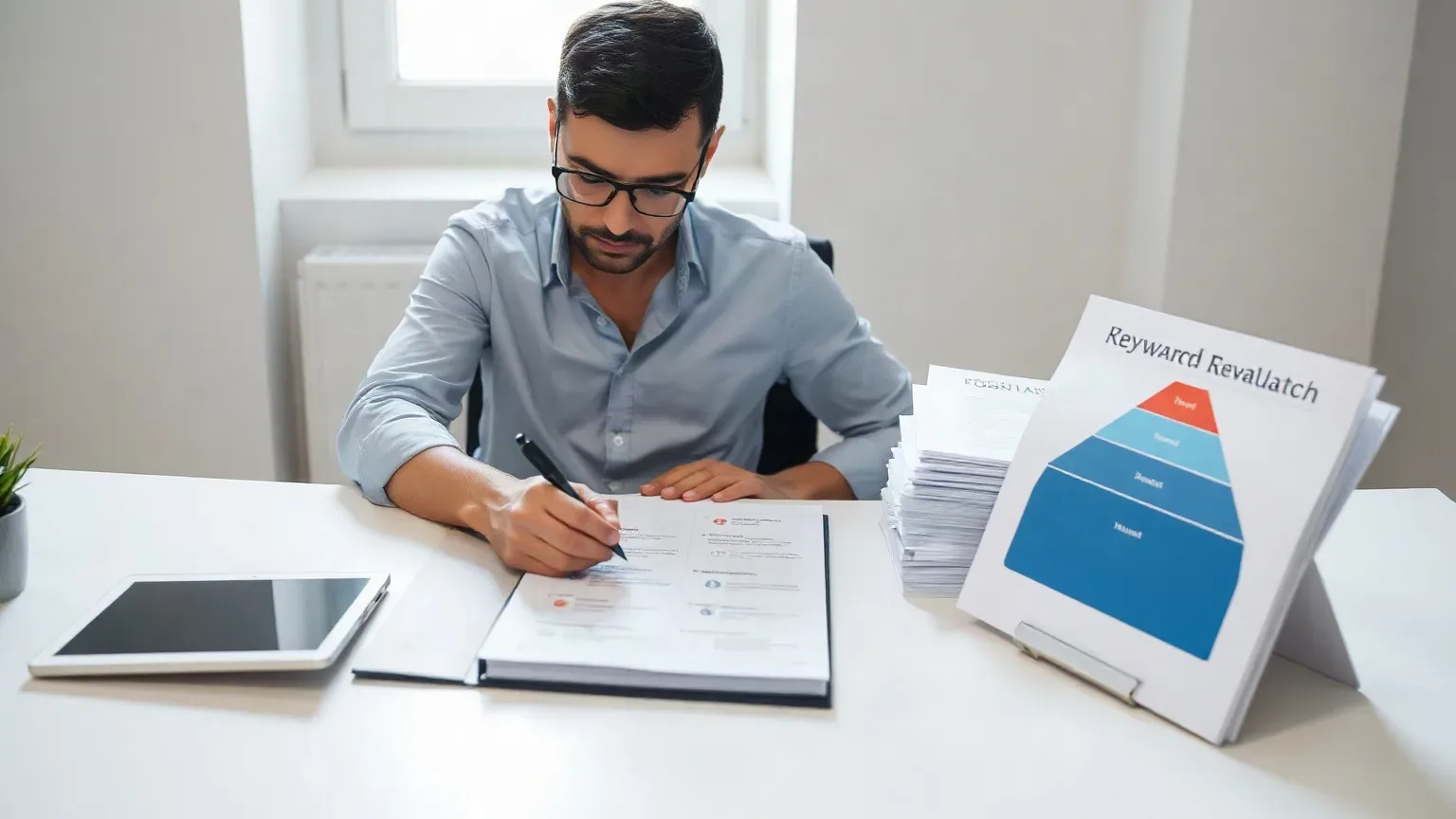 A person wearing glasses sits at a white desk, writing in an open folder, with stacked papers and a printed pyramid diagram beside them