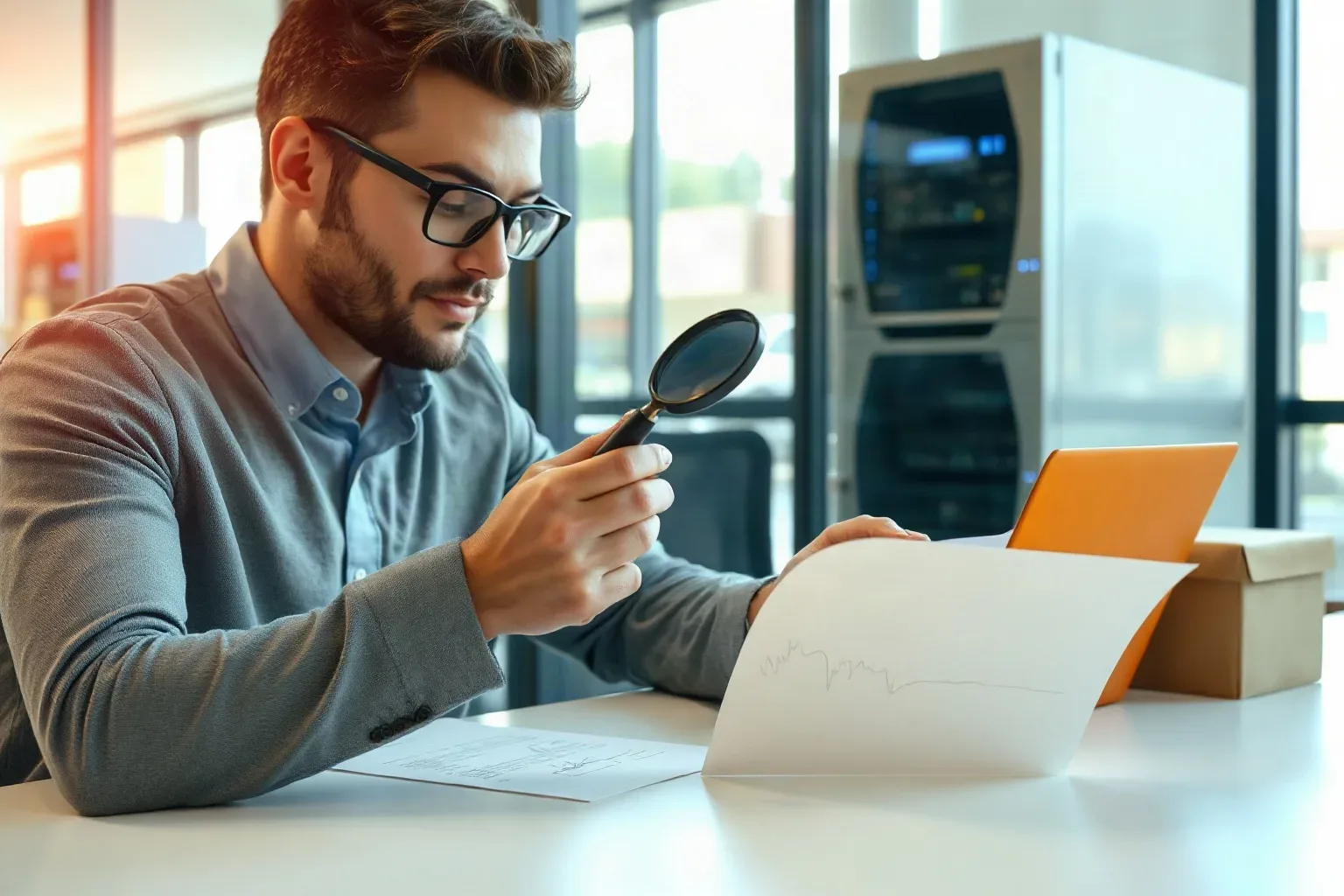 A marketing professional at a focused desk using a magnifying glass to examine a signature line at the base of a printed keyword research sheet, the lens held very close to the paper, the server rack through the glass partition subtly visible behind