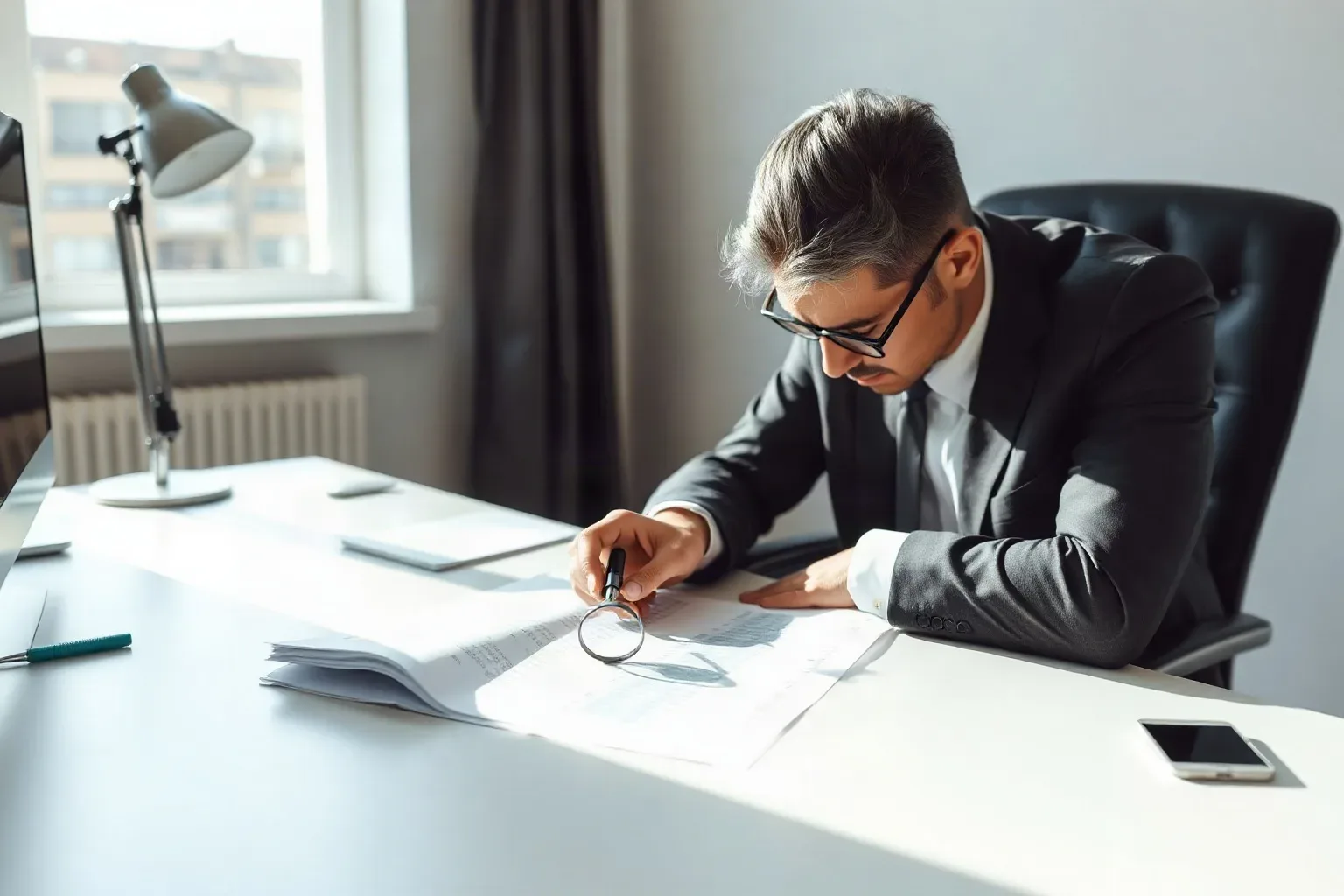 A person in a dark suit uses a magnifying glass to examine papers on a white desk, with a lamp, phone and monitor visible nearby