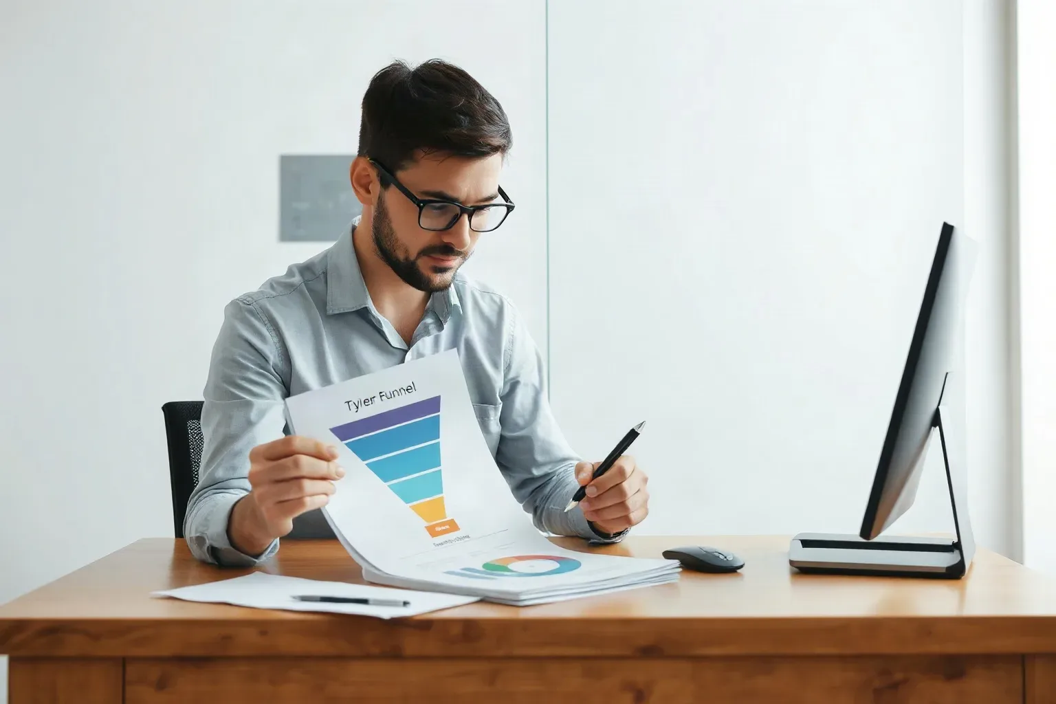 A marketing analyst at a single desk pulling a printed tiered funnel diagram out from under a stack of keyword research sheets and examining the bottom stage of the diagram with a pen pointer, a server rack visible through the glass partition behind the desk