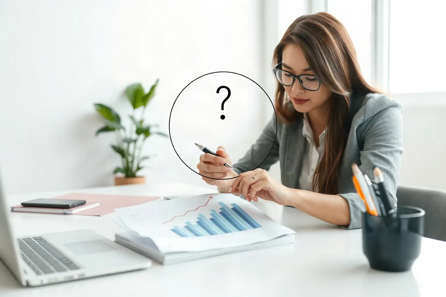 A business-casual professional at a focused desk drawing a large circle around the topmost bar on a printed bar and line graph showing upward traffic trends, then writing a question mark inside the circle with a pen