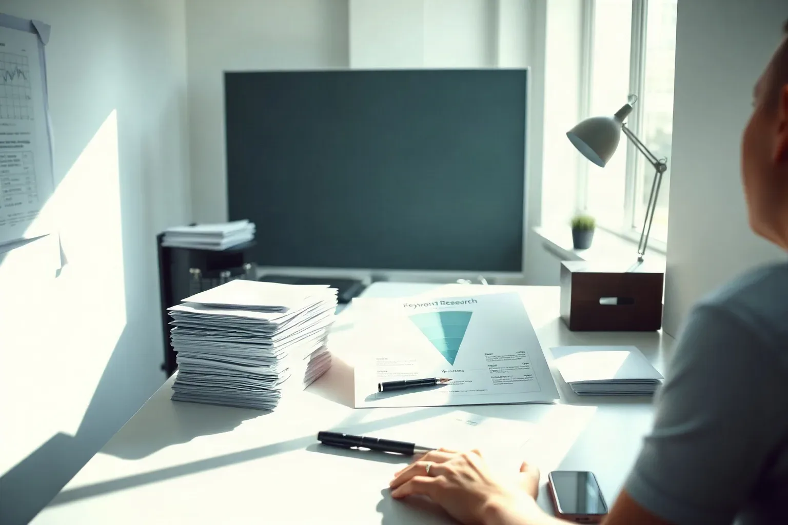 A person sits at a tidy desk reviewing printed documents beside a large monitor, with a desk lamp and natural window light in the background