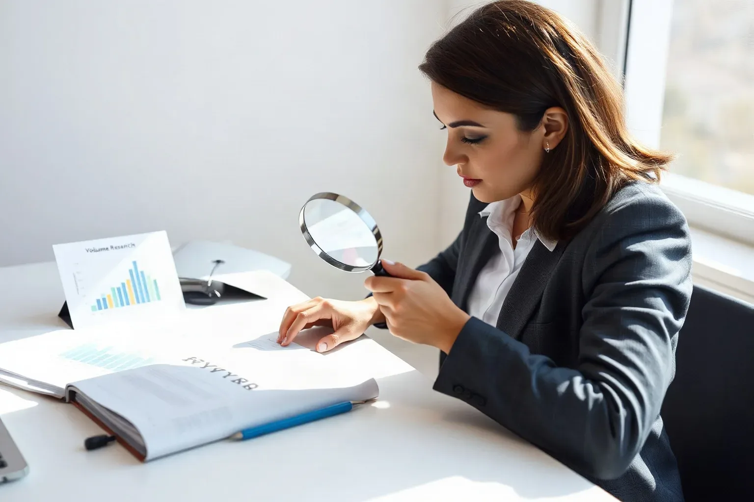 A business-casual professional seated at a desk using a magnifying glass to examine small-print volume figures on a keyword research printout, with a printed bar and line graph open to the left of the active page