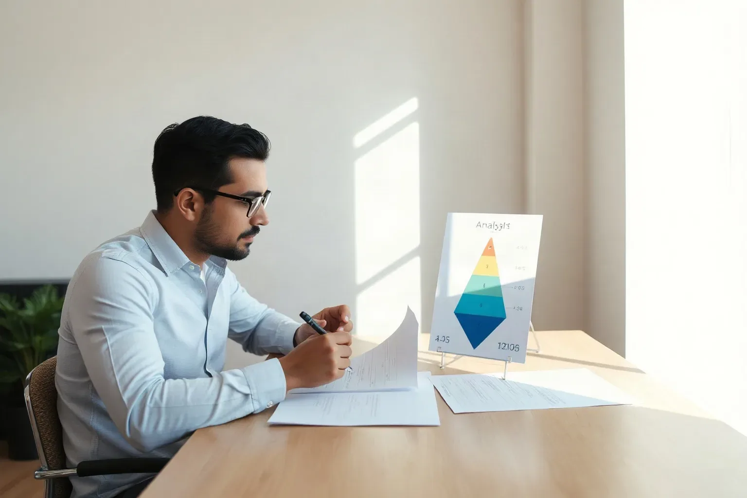 A seated analyst at a focused desk consulting a printed tiered funnel diagram while writing numbered notes on a blank sheet placed beside it, natural window light falling across the desk