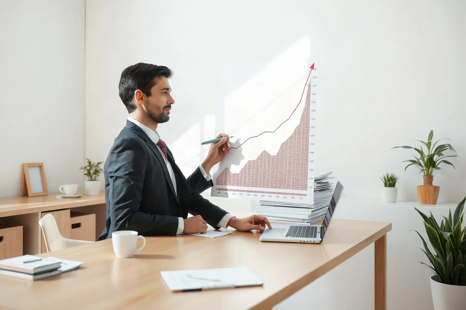 A marketing professional at a single desk drawing a line from a mid-chart position to a later peak on a printed bar and line graph showing upward traffic trends, a stack of keyword research printouts serving as an elevated rest for the chart