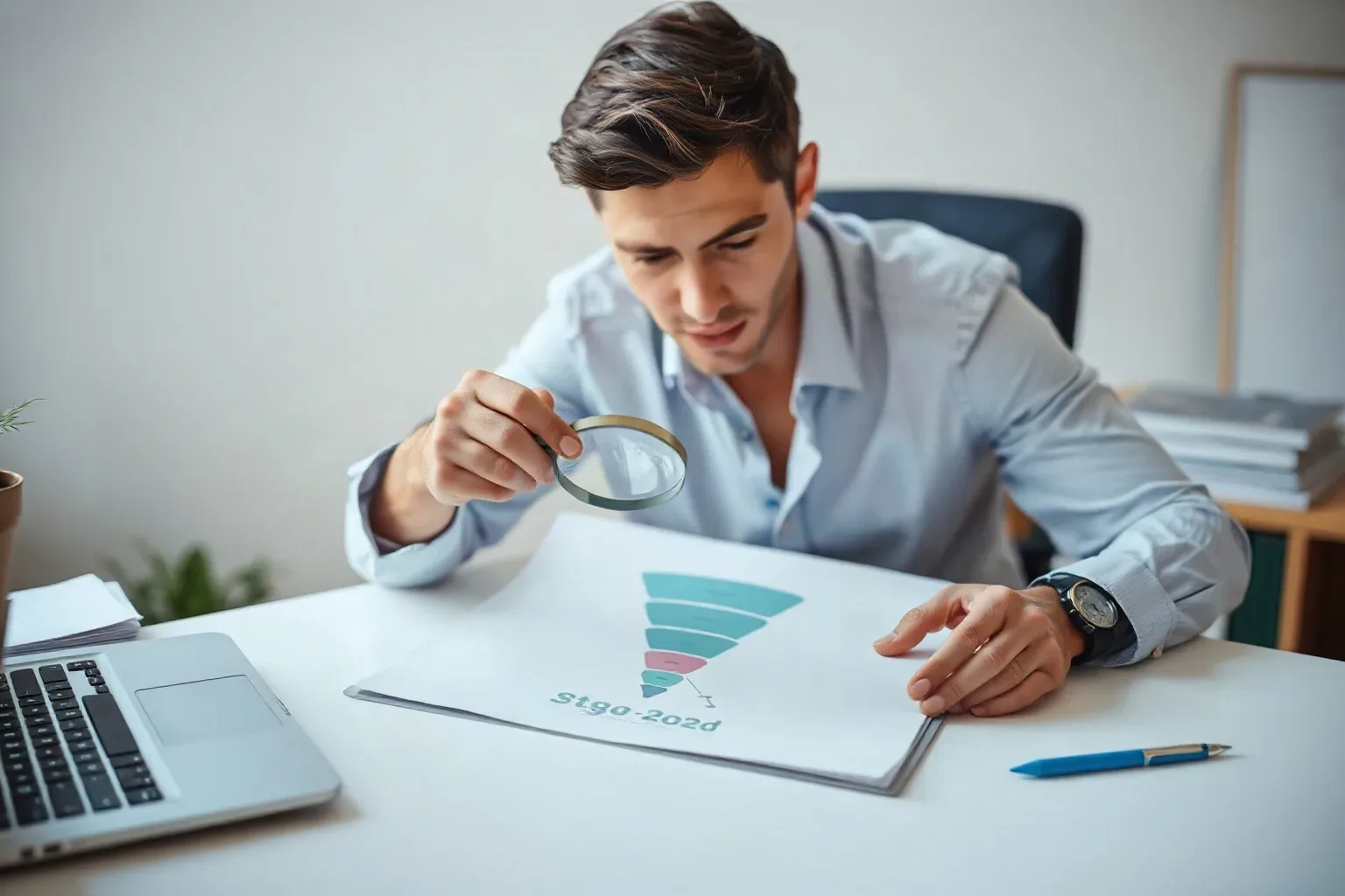 A seated marketing analyst at a focused desk holding a magnifying glass steadily over a printed tiered funnel diagram and using a pen tip to indicate the boundary between the second and third stages
