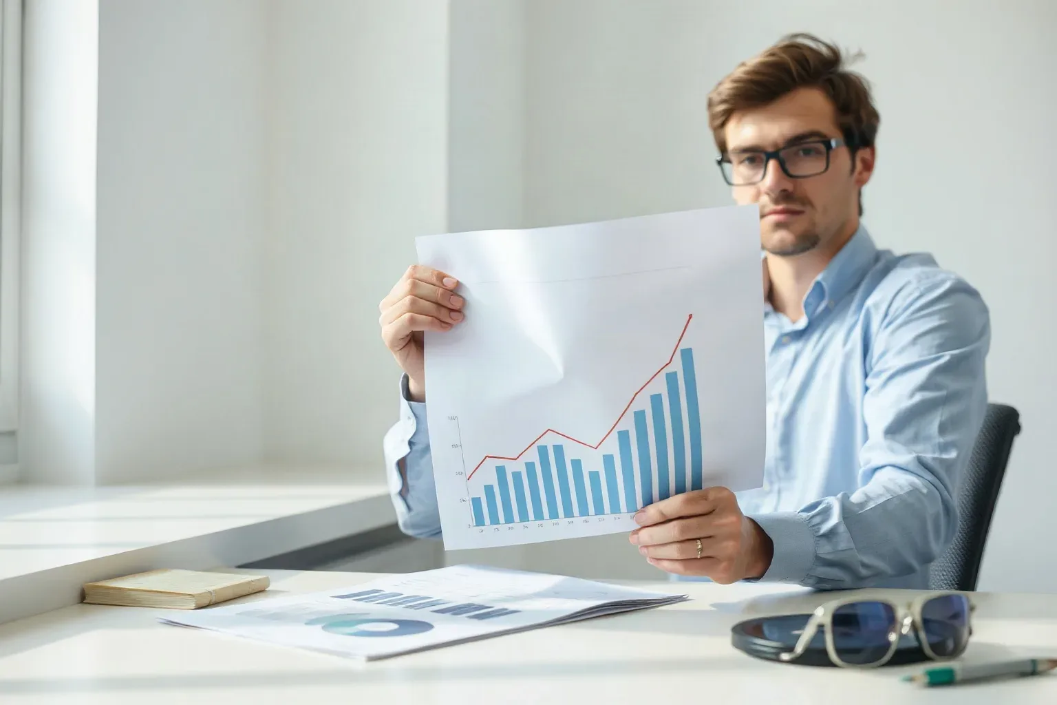 A business-casual analyst at a single desk sliding a printed keyword research sheet out from beneath a printed bar and line graph showing upward traffic trends and setting it perpendicular to the graph to compare two data sets side by side, natural window light across both documents