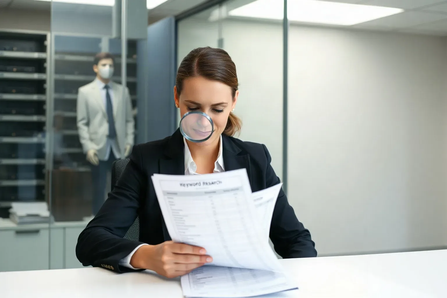 A professional in business casual at a focused desk pressing a magnifying glass against a printed keyword research sheet to examine a pricing-related column entry, the server rack through the glass partition providing a muted background behind the seated figure