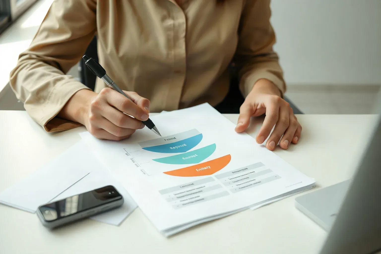 A seated marketing professional at a focused desk laying a printed tiered funnel diagram beside a stack of keyword research printouts and using a pen to draw a line connecting a stage on the diagram to a matching entry on the printout