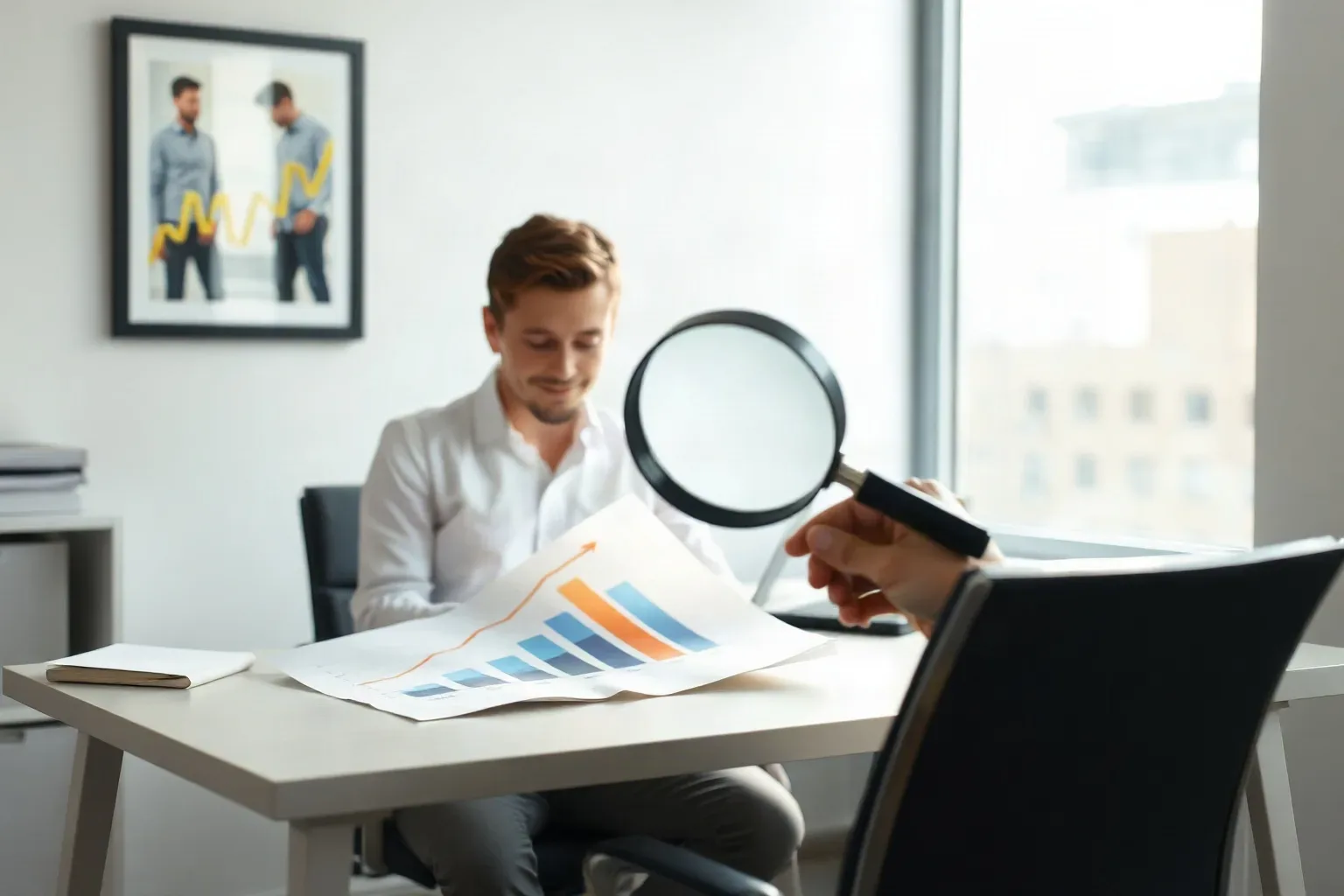A business-casual analyst at a single desk using a magnifying glass to trace the upward slope on a printed bar and line graph showing upward traffic trends from left edge to right edge, natural window light illuminating the movement of the lens