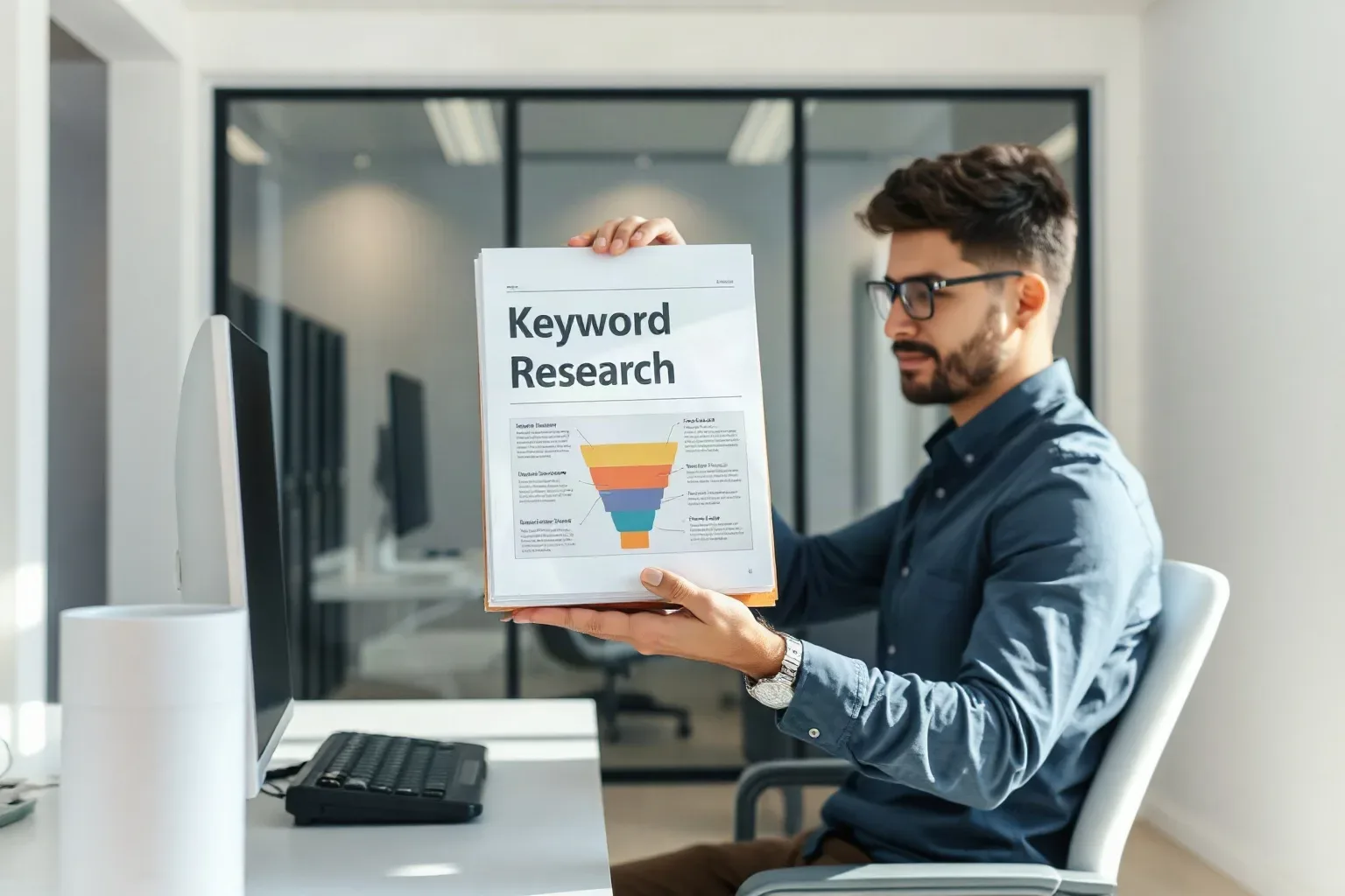 A marketing analyst at a focused desk stacking a printed keyword research sheet squarely on top of a tiered funnel diagram and then lifting both together off the desk to check if any page had been left behind, a server rack dimly visible through the glass partition