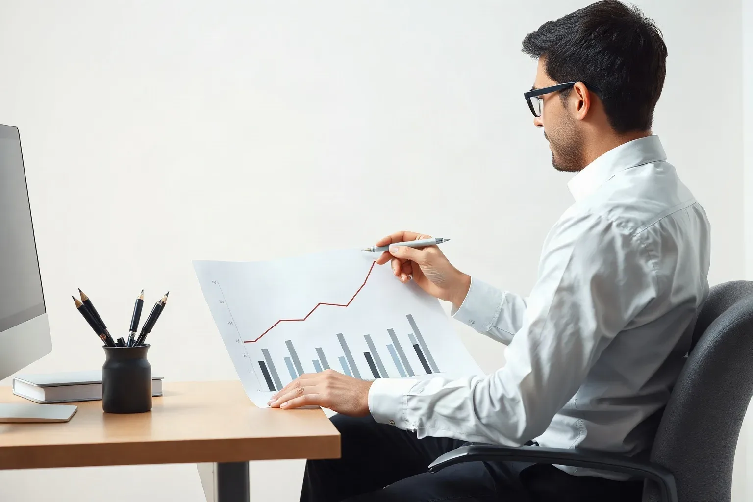 A seated analyst in business casual at a focused desk drawing a smooth curve over the top of a bar chart on a printed bar and line graph showing upward traffic trends, converting the bar data to a line using a pen