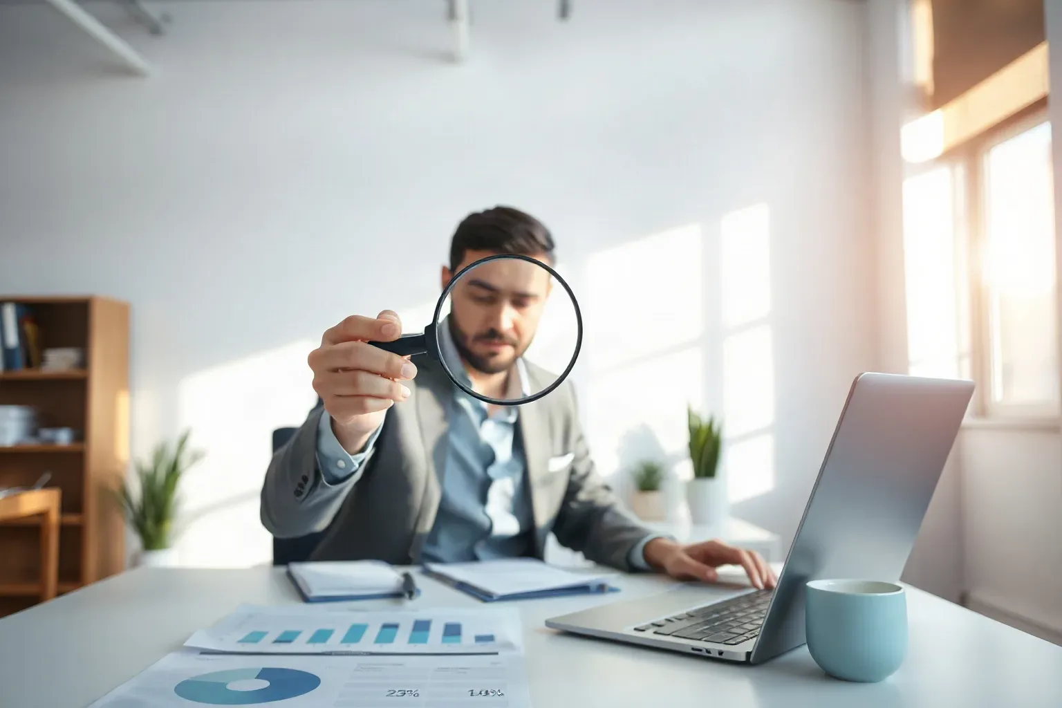 A person in a grey suit holds a magnifying glass over printed charts on a desk whilst using a laptop in a bright office