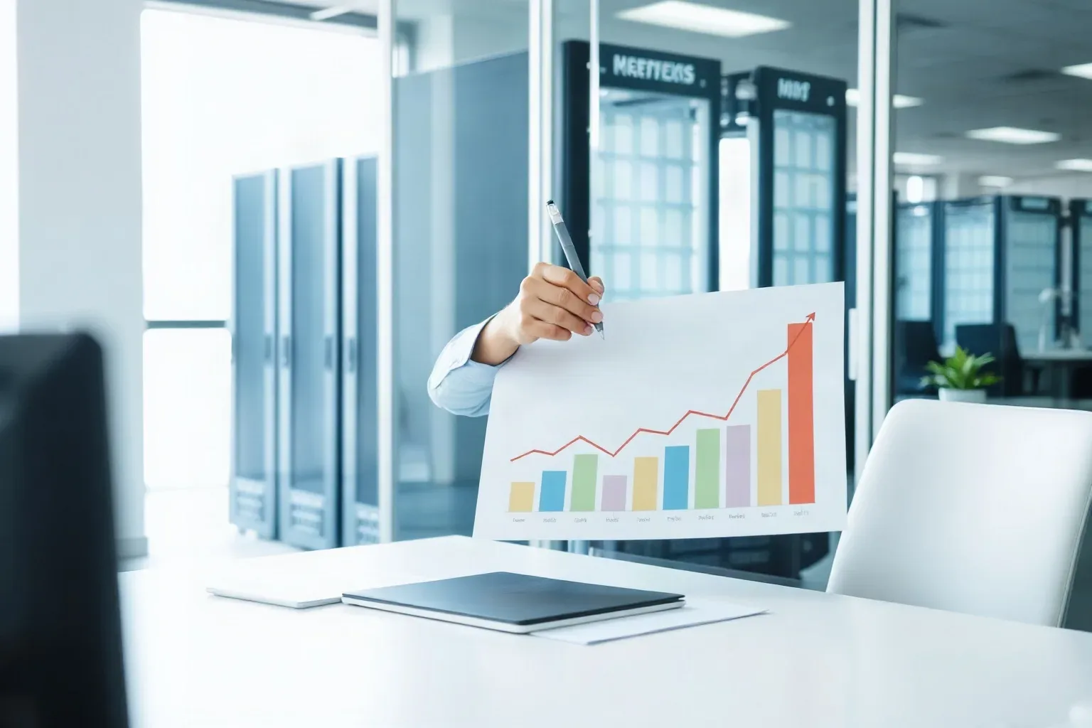 A marketing analyst at a focused desk positioning a printed bar and line graph showing upward traffic trends at arm's length against the desk surface and using a pen to point to the rightmost bar in the sequence, a server rack visible through the glass partition behind