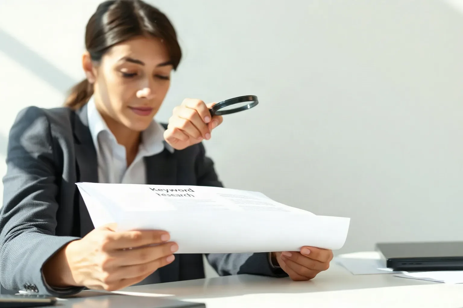 A person in a dark blazer examines a document through a magnifying glass whilst seated at a desk