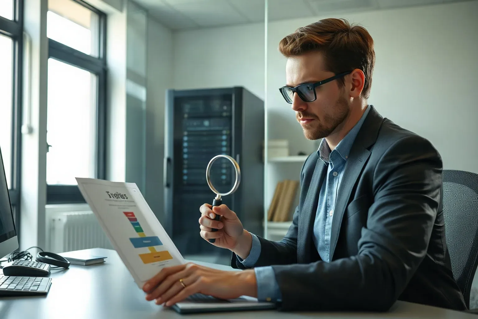 A business-casual professional at a focused desk picking up a magnifying glass and positioning it over a printed tiered funnel diagram to inspect the narrowest stage, the server rack visible through the glass partition over the analyst's shoulder