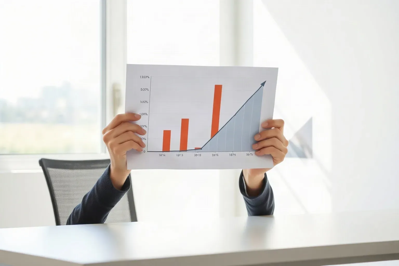 A person seated at a desk holds up a printed bar and line chart showing an upward trend, obscuring their face, beside a window in a bright office