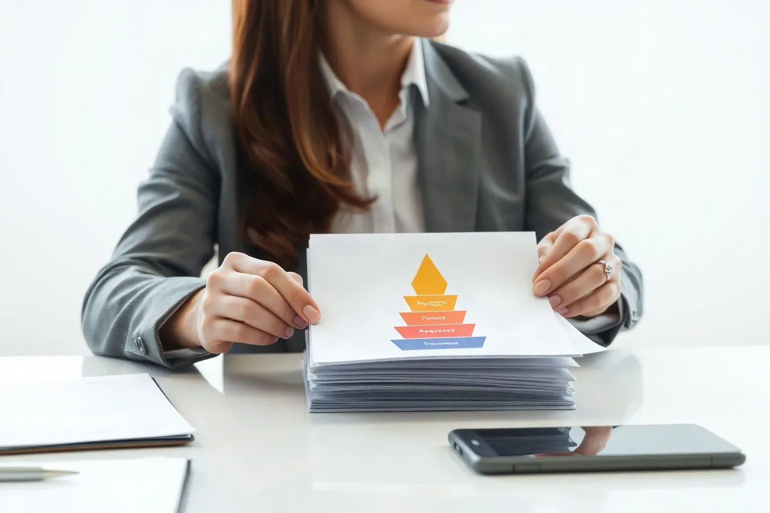 A seated professional in business casual at a focused desk stacking a printed keyword research sheet on top of a printed tiered funnel diagram and then separating them again deliberately, placing each in a distinct position on the desk surface