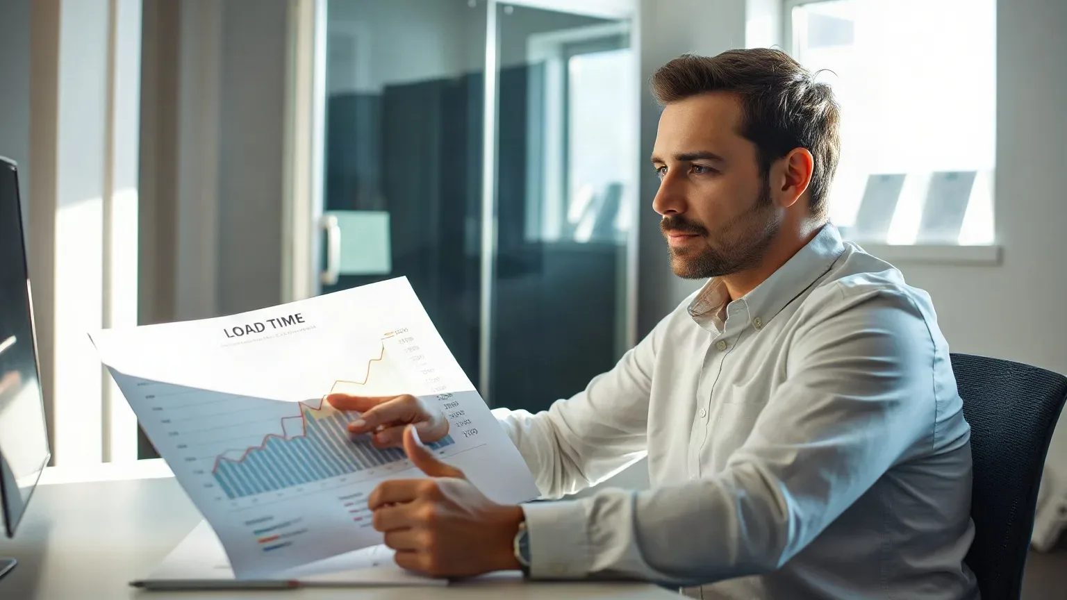 A person in a white shirt sits at a desk in an office, holding and examining a printed chart labelled 'Load Time