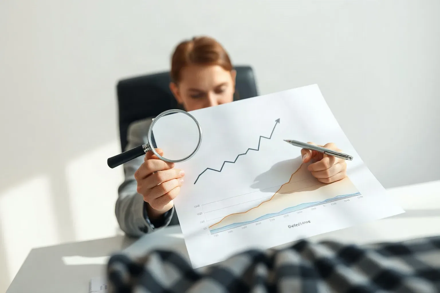 A business-casual professional seated at a desk holding a magnifying glass over a printed bar and line graph showing upward traffic trends, using a pen in the other hand to mark a baseline on the chart