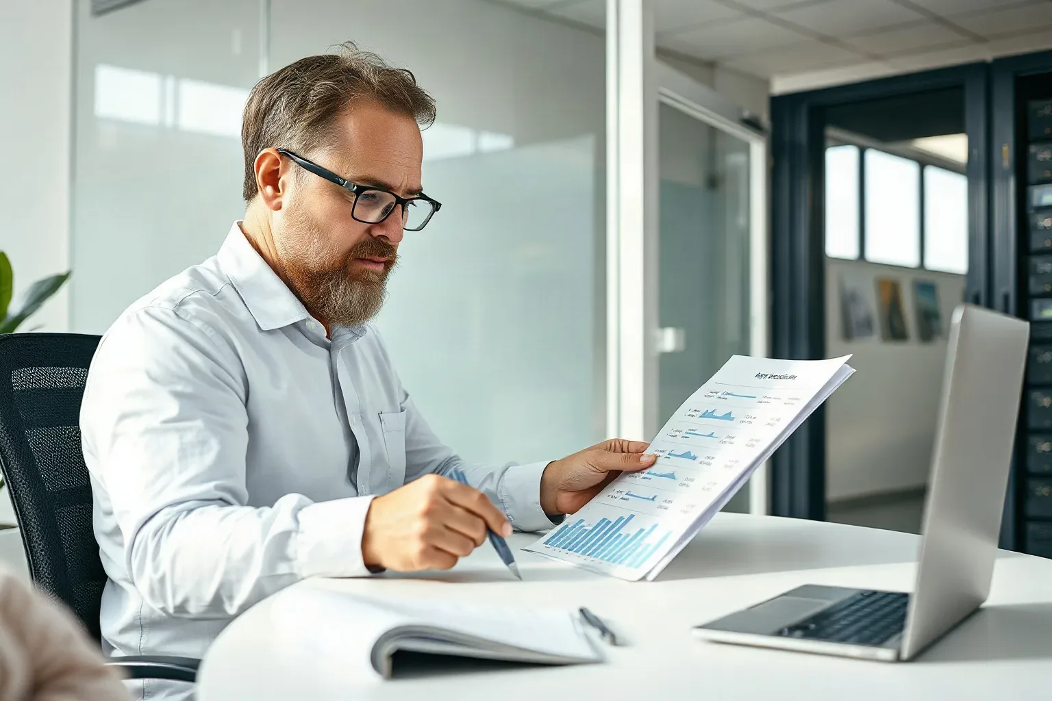 A seated analyst at a focused desk arranging printed keyword research sheets in order of page weight figures, a server rack visible through the glass partition in the background