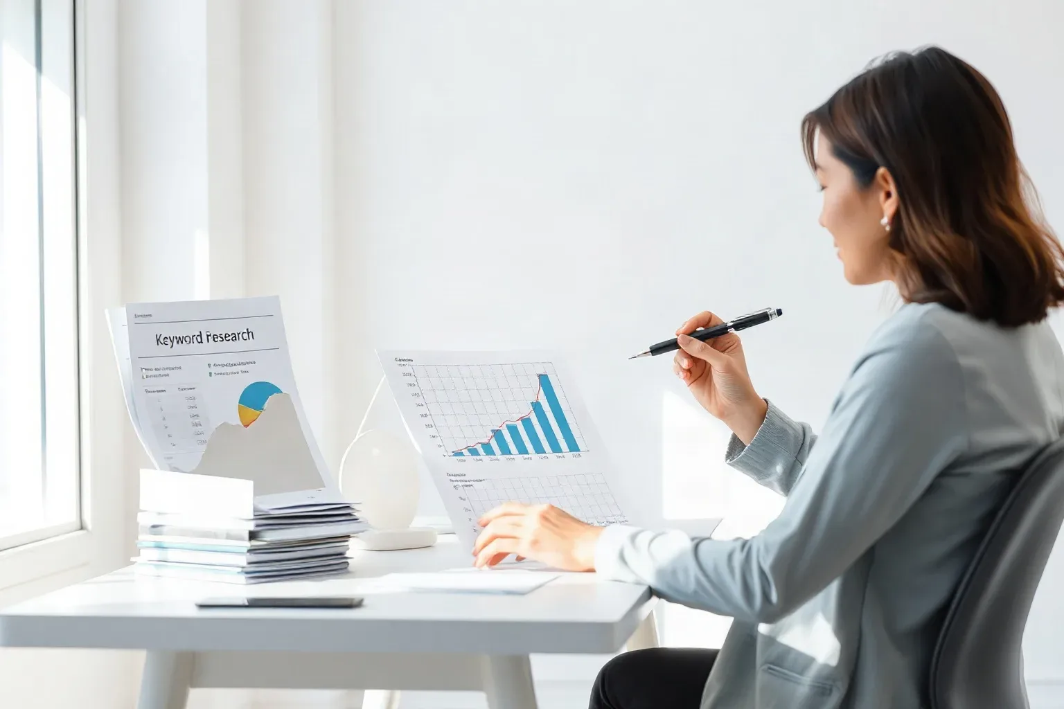 A person in business casual clothing sits at a white desk by a window, holding a pen and reviewing printed charts and graphs
