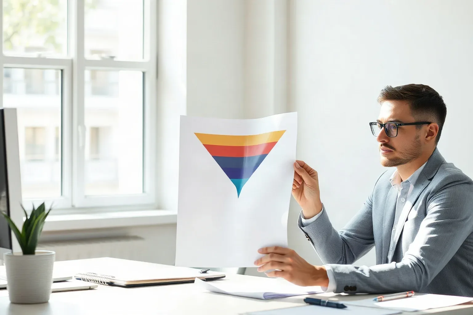 A business-casual analyst at a desk folding a printed tiered funnel diagram in half along a stage boundary to isolate the top portion, natural window light highlighting the visible section