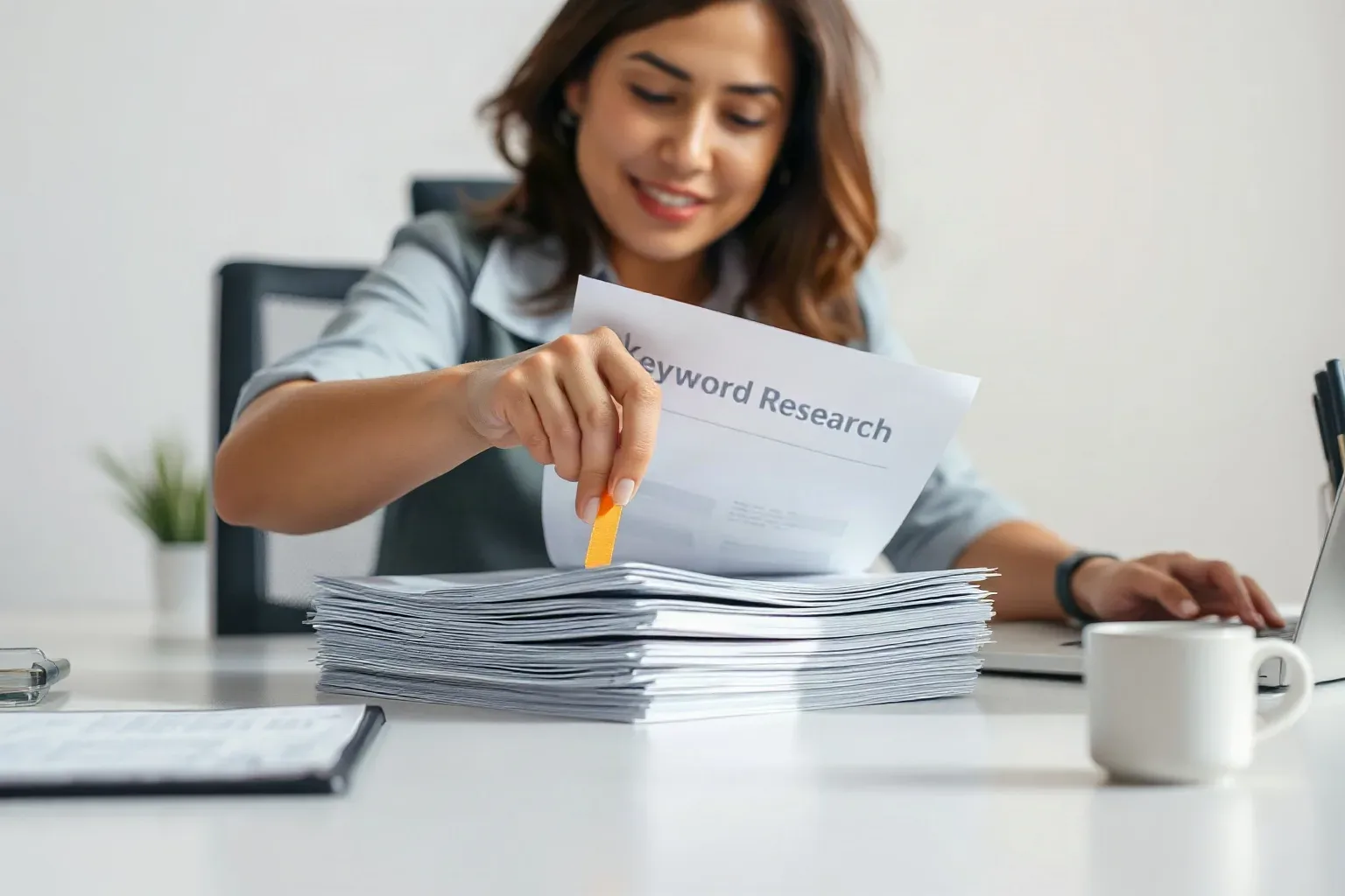 A person at a desk lifts the top sheet from a large stack of papers labelled 'Keyword Research', with a laptop and mug nearby