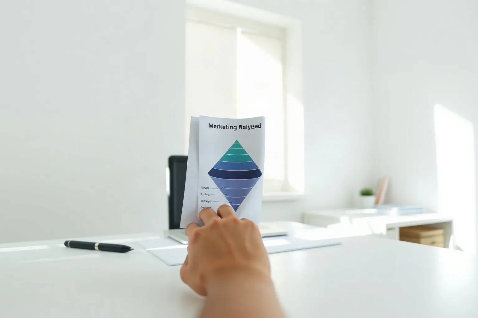 A marketing analyst at a single desk unfolding a printed tiered funnel diagram that had been folded in half, smoothing it flat on the desk surface with the palm of one hand while natural window light crosses the page