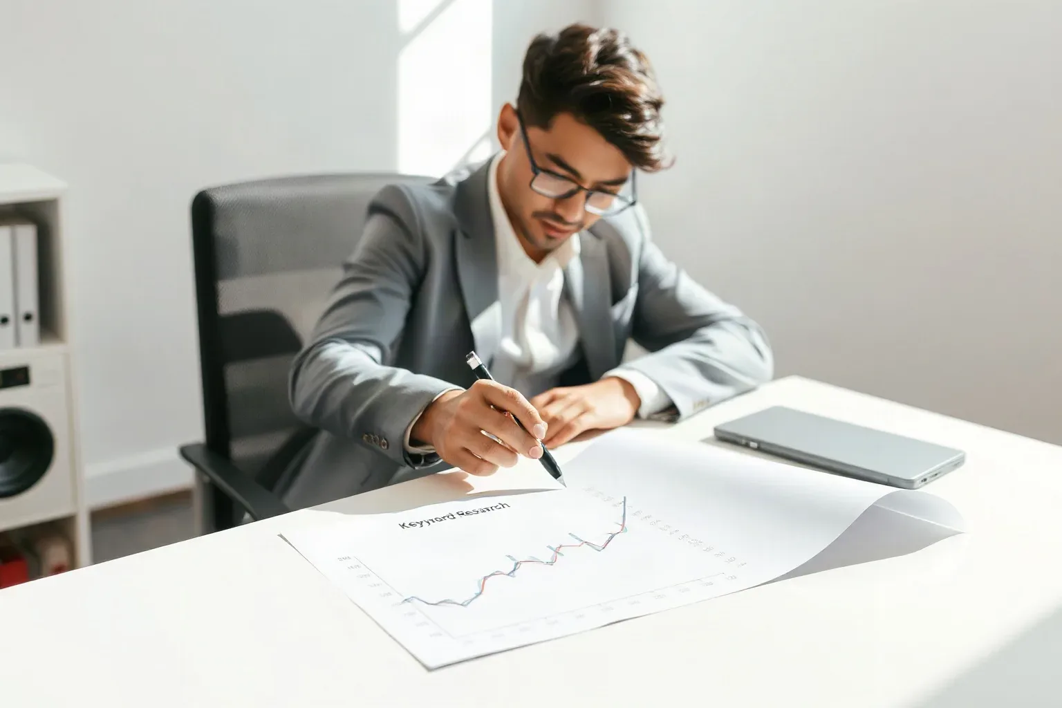 A person in a grey suit and glasses leans over a desk, writing on a printed line graph with a pen, with a tablet resting nearby