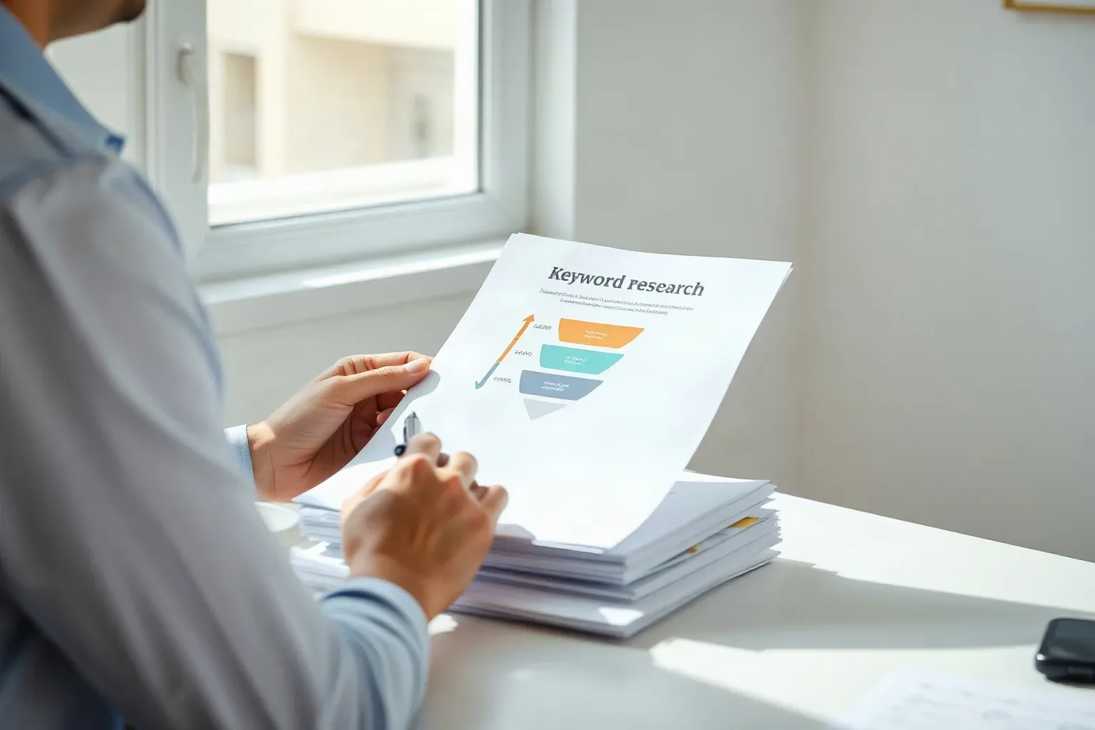 A business-casual professional at a single desk placing a printed tiered funnel diagram on top of a stack of keyword research printouts, referencing the top document with a pen in hand