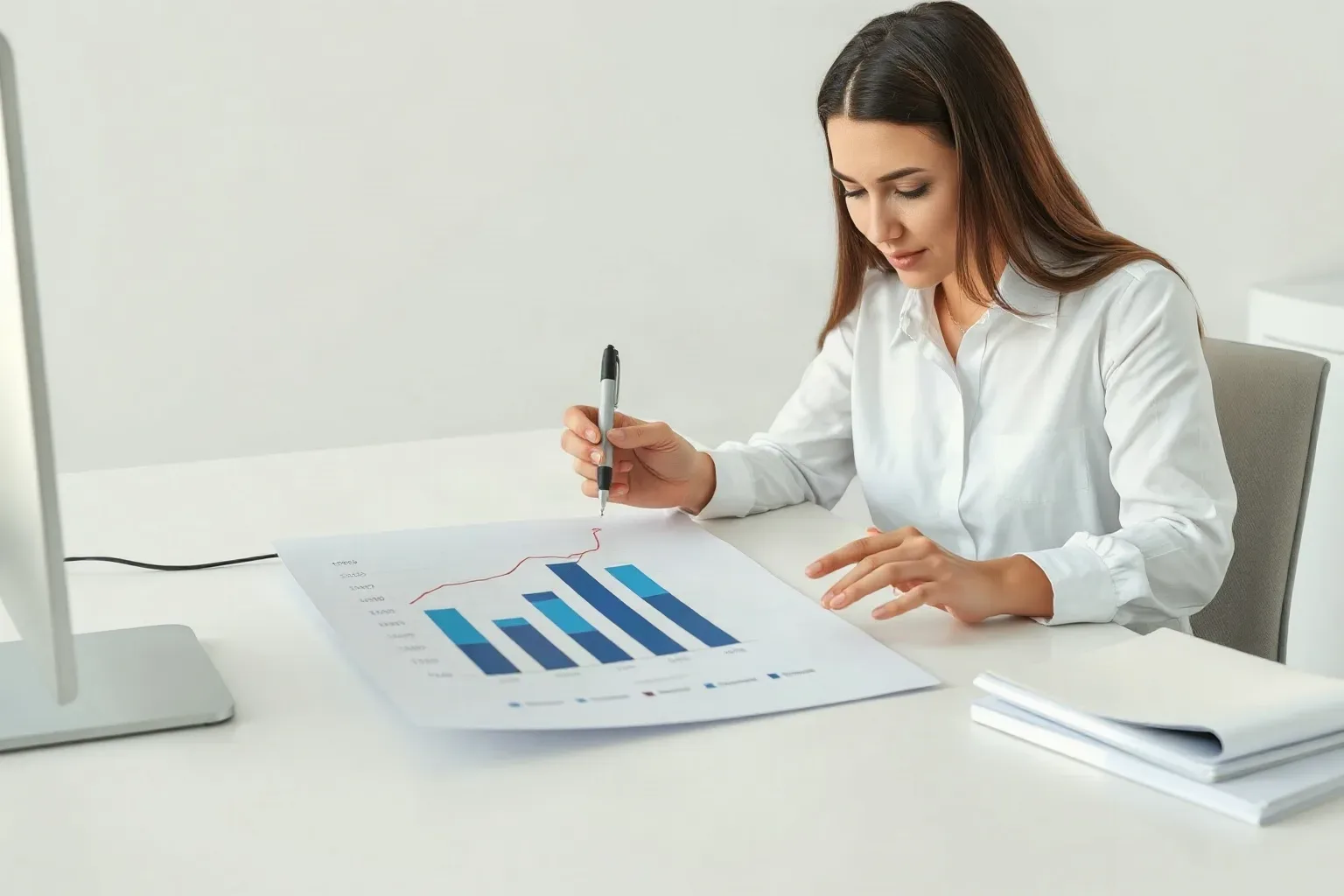 A marketing professional at a focused desk using a pen to mark two separate data points on a printed bar and line graph showing upward traffic trends, then drawing a connecting arc between them