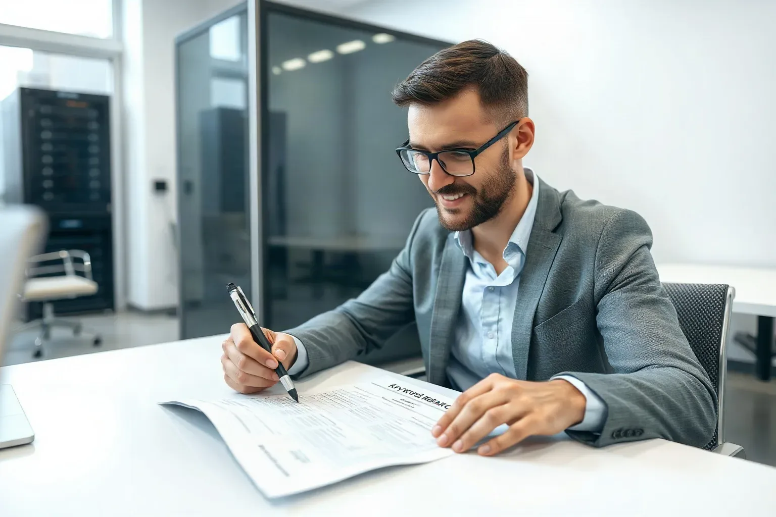 A person in a grey blazer and glasses sits at a white desk in a modern office, smiling whilst writing on printed documents