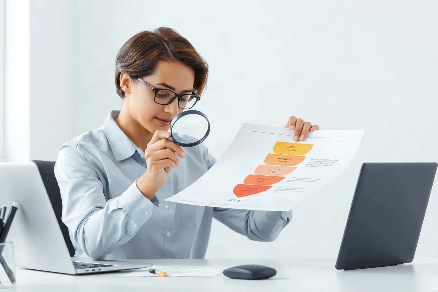 A seated analyst at a focused desk spreading a printed tiered funnel diagram flat and using a magnifying glass to inspect the labels at each funnel stage