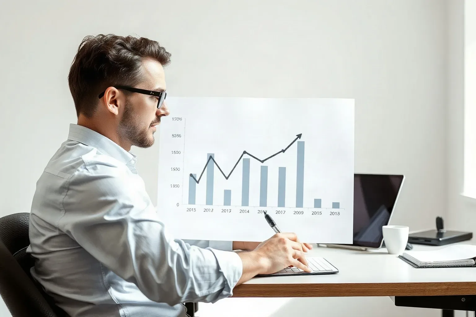 A marketing professional at a single desk drawing a before-and-after comparison on a printed bar and line graph showing upward traffic trends, using a pen to bracket two distinct time periods on the chart